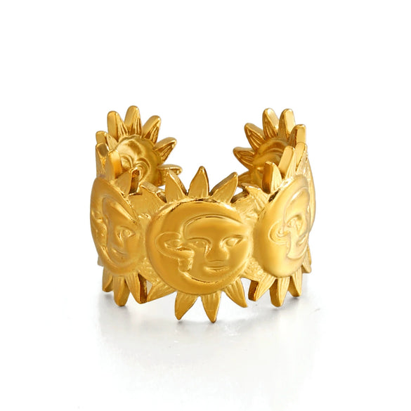 Women's Adjustable Stainless Steel Ring With Gold Tone Electroplated Sun And Moon Design Retro Minimalist Statement Jewelry