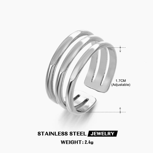 Women's Adjustable Threelayer Line Geometric Stainless Steel Finger Ring With Electroplating
