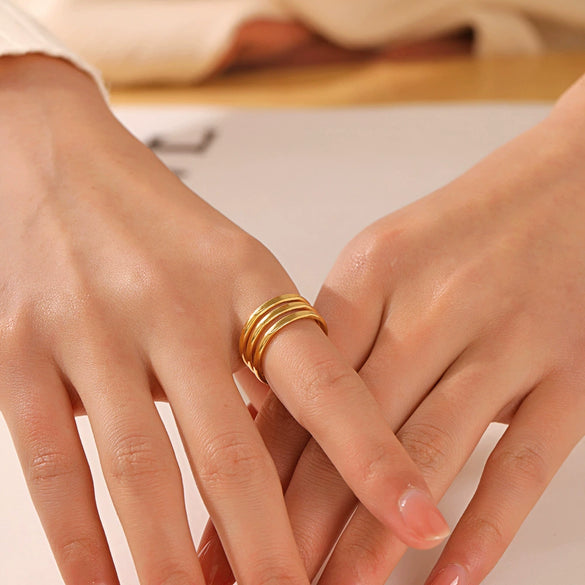 Women's Adjustable Threelayer Line Geometric Stainless Steel Finger Ring With Electroplating