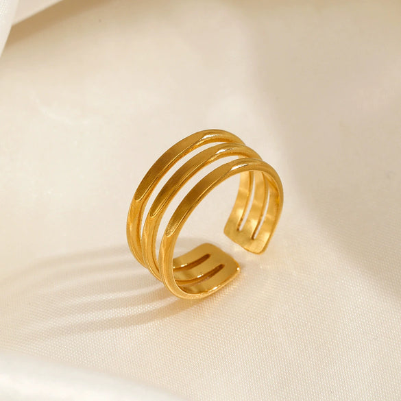 Women's Adjustable Threelayer Line Geometric Stainless Steel Finger Ring With Electroplating