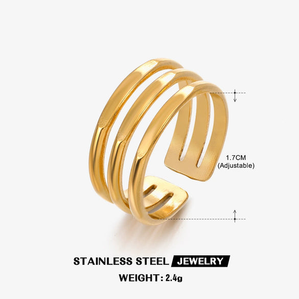 Women's Adjustable Threelayer Line Geometric Stainless Steel Finger Ring With Electroplating