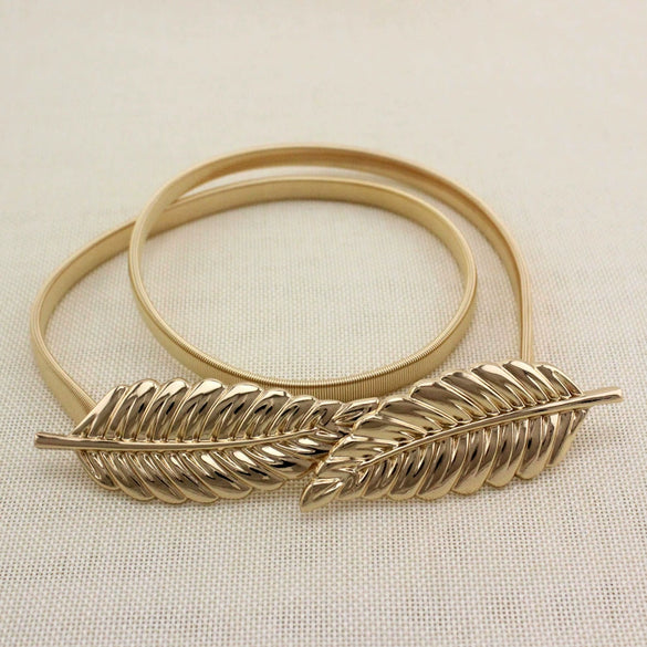Women's All Match Metal Elastic Waist Belt With Alloy Leaf Buckle Electroplated Dress Accessory