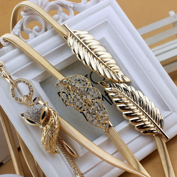 Women's All Match Metal Elastic Waist Belt With Alloy Leaf Buckle Electroplated Dress Accessory
