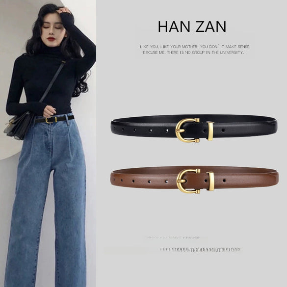 Women's All Match Simple Light Luxury Genuine Leather Belt With Hand Stitching Semicircle Buckle And Embossing