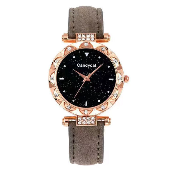 Women's Alloy And Imitation Leather Casual Round Dial Starry Sky Watch With Titanium Buckle And Spiral Crown