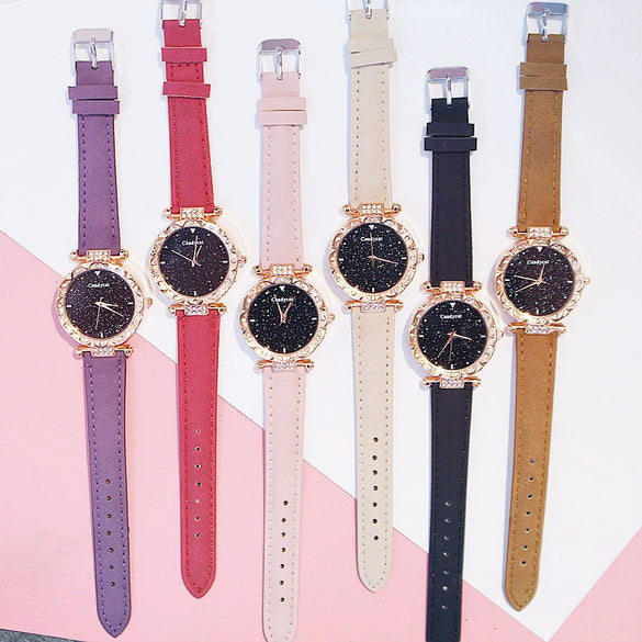 Women's Alloy And Imitation Leather Casual Round Dial Starry Sky Watch With Titanium Buckle And Spiral Crown