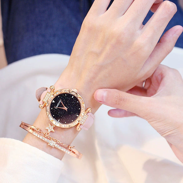 Women's Alloy And Imitation Leather Casual Round Dial Starry Sky Watch With Titanium Buckle And Spiral Crown