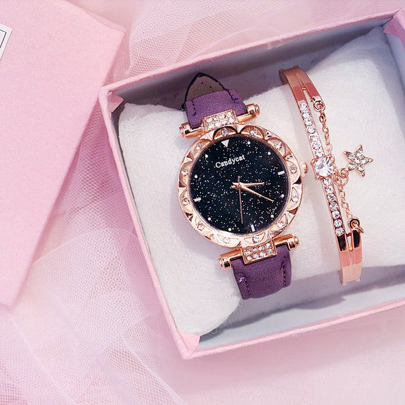 Women's Alloy And Imitation Leather Casual Round Dial Starry Sky Watch With Titanium Buckle And Spiral Crown