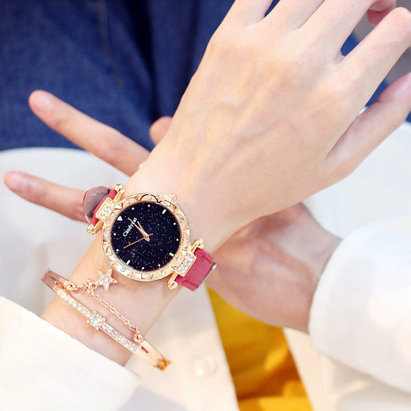 Women's Alloy And Imitation Leather Casual Round Dial Starry Sky Watch With Titanium Buckle And Spiral Crown