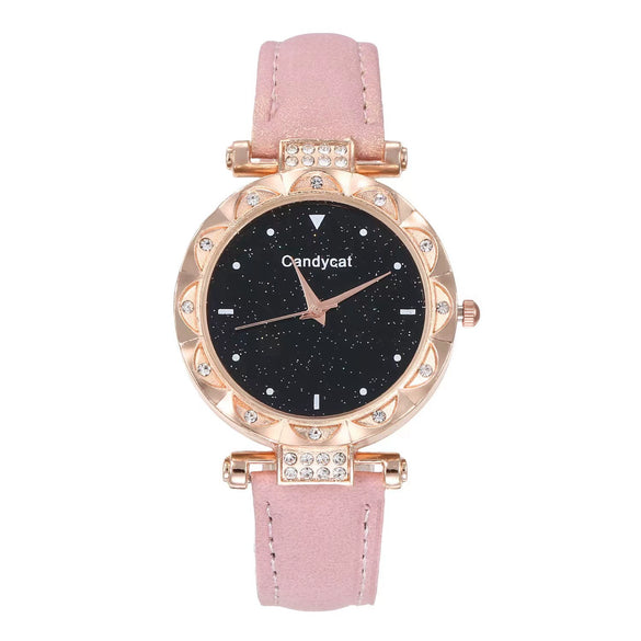 Women's Alloy And Imitation Leather Casual Round Dial Starry Sky Watch With Titanium Buckle And Spiral Crown