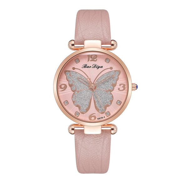 Women's Alloy And Pu Belt Watch With Glitter Face Butterfly Pattern And Round Dial