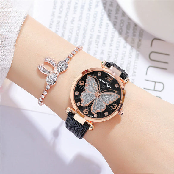 Women's Alloy And Pu Belt Watch With Glitter Face Butterfly Pattern And Round Dial