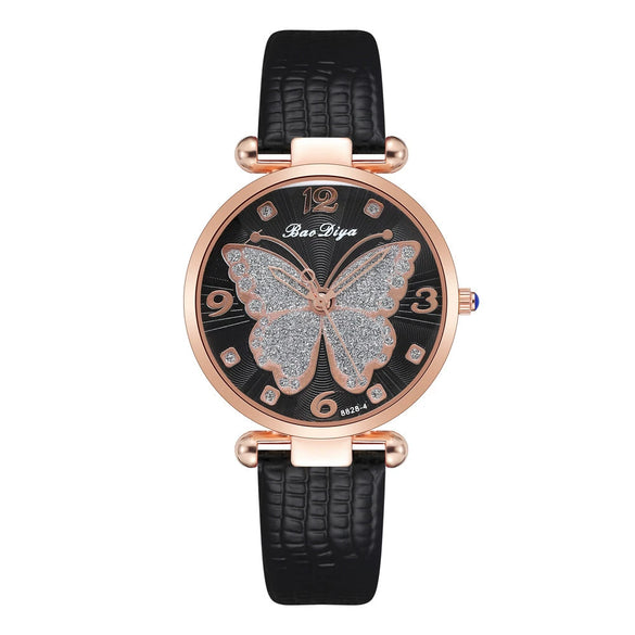 Women's Alloy And Pu Belt Watch With Glitter Face Butterfly Pattern And Round Dial