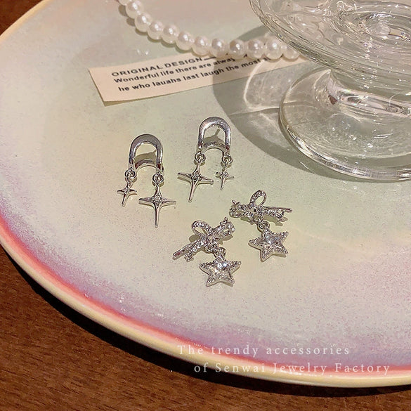 Women's Alloy And 925 Silver Bow And Star Earrings With Electroplating