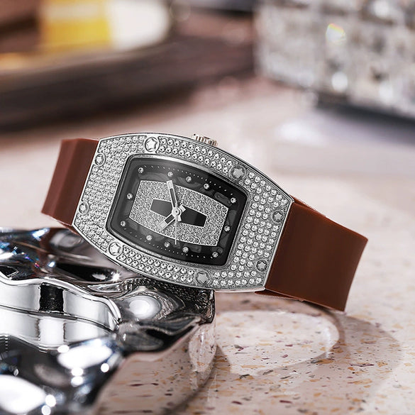 Women's Alloy And Stainless Steel Barrelshaped Diamondencrusted Quartz Fashion Watch