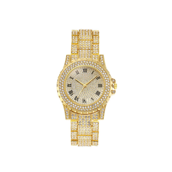 Women's Alloy And Stainless Steel Diamondencrusted Fashion Quartz Watch With Round Roman Dial
