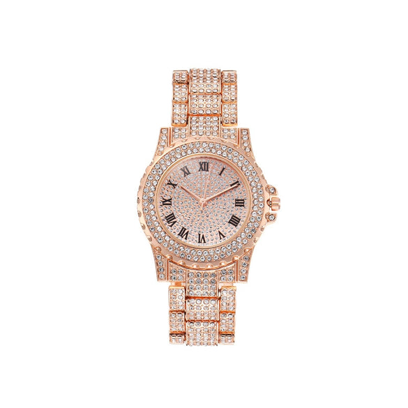 Women's Alloy And Stainless Steel Diamondencrusted Fashion Quartz Watch With Round Roman Dial