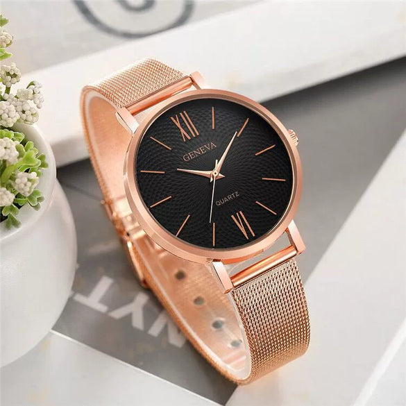 Women's Alloy And Stainless Steel Fashion Printed Round Dial Quartz Watch With Mesh Band