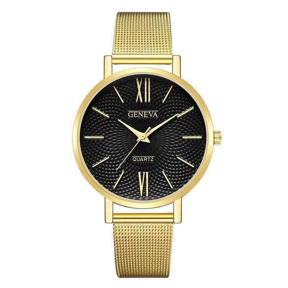 Women's Alloy And Stainless Steel Fashion Printed Round Dial Quartz Watch With Mesh Band