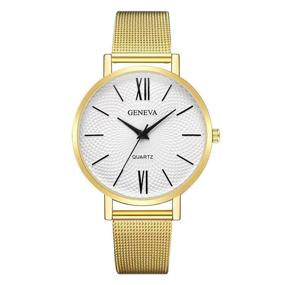 Women's Alloy And Stainless Steel Fashion Printed Round Dial Quartz Watch With Mesh Band
