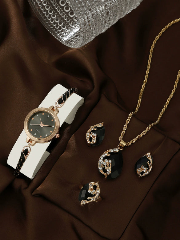 Women's Alloy And Stainless Steel Quartz Watch Bracelet Necklace Set With Round Dial Fashion Style