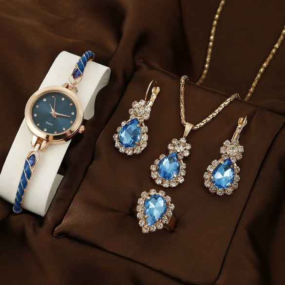 Women's Alloy And Stainless Steel Quartz Watch Bracelet Necklace Set With Round Dial Fashion Style