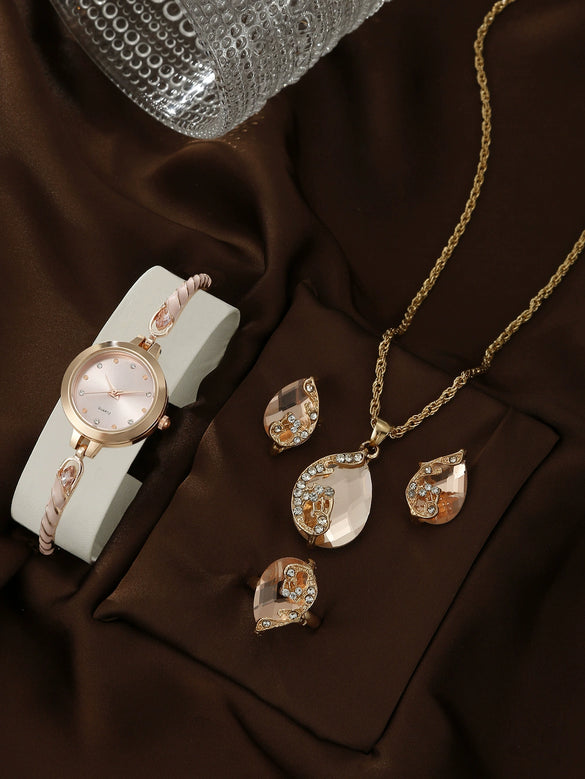 Women's Alloy And Stainless Steel Quartz Watch Bracelet Necklace Set With Round Dial Fashion Style