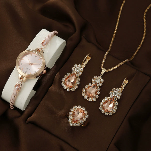 Women's Alloy And Stainless Steel Quartz Watch Bracelet Necklace Set With Round Dial Fashion Style