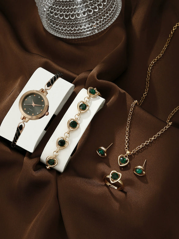 Women's Alloy And Stainless Steel Quartz Watch Bracelet Necklace Set With Round Dial Fashion Style