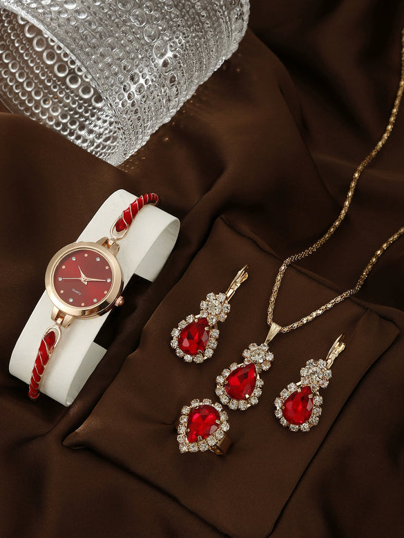 Women's Alloy And Stainless Steel Quartz Watch Bracelet Necklace Set With Round Dial Fashion Style