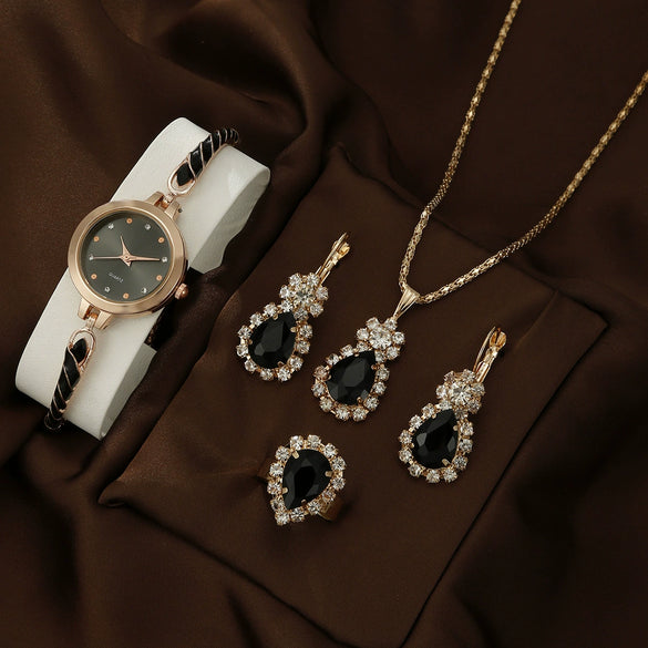 Women's Alloy And Stainless Steel Quartz Watch Bracelet Necklace Set With Round Dial Fashion Style