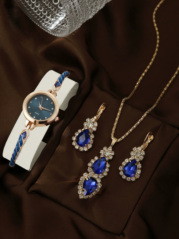 Women's Alloy And Stainless Steel Quartz Watch Bracelet Necklace Set With Round Dial Fashion Style
