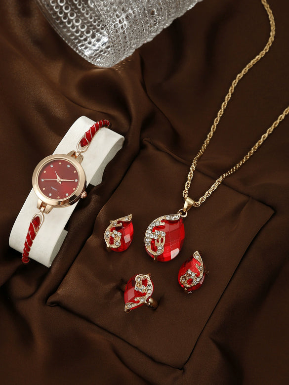 Women's Alloy And Stainless Steel Quartz Watch Bracelet Necklace Set With Round Dial Fashion Style