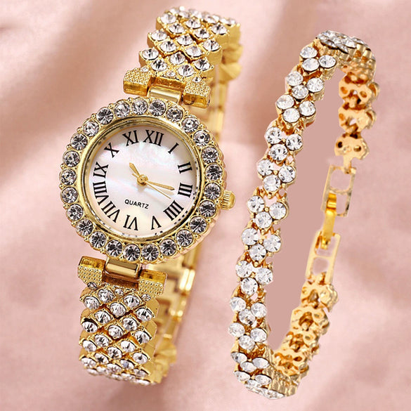 Women's Alloy And Stainless Steel Round Dial Diamond Mixed Scale Quartz Watch And Gypsophila Bracelet Fashion Gift Set