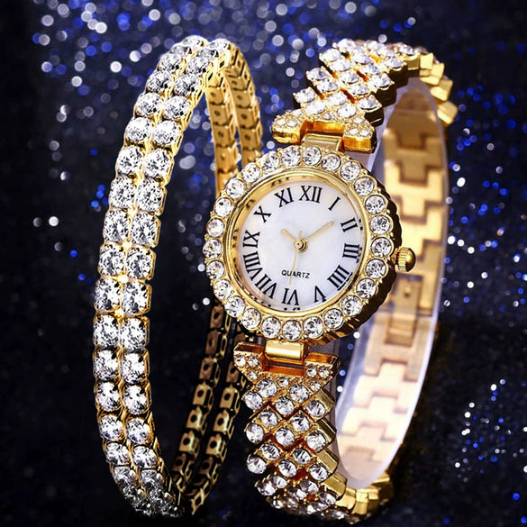 Women's Alloy And Stainless Steel Round Dial Diamond Mixed Scale Quartz Watch And Gypsophila Bracelet Fashion Gift Set