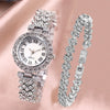 Women's Alloy And Stainless Steel Round Dial Diamond Mixed Scale Quartz Watch And Gypsophila Bracelet Fashion Gift Set