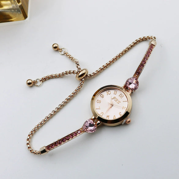 Women's Alloy And Stainless Steel Round Dial Quartz Bracelet Watch Diamondencrusted Leisure Style