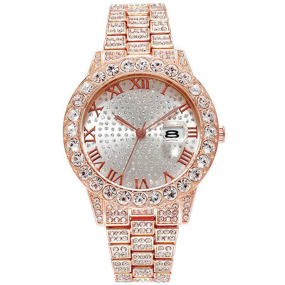 Women's Alloy And Stainless Steel Round Hiphop Fashion Calendar Quartz Watch With Explosion Diamond