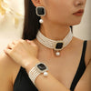 Women's Alloy Artificial Crystal Geometric Double Layer Imitation Pearl Oval Square Necklace Earring Bracelet Three Piece Set