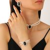 Women's Alloy Artificial Crystal Geometric Double Layer Imitation Pearl Oval Square Necklace Earring Bracelet Three Piece Set