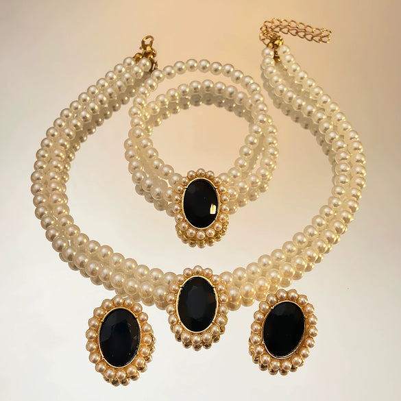 Women's Alloy Artificial Crystal Geometric Double Layer Imitation Pearl Oval Square Necklace Earring Bracelet Three Piece Set