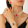 Women's Alloy Artificial Crystal Geometric Double Layer Imitation Pearl Oval Square Necklace Earring Bracelet Three Piece Set
