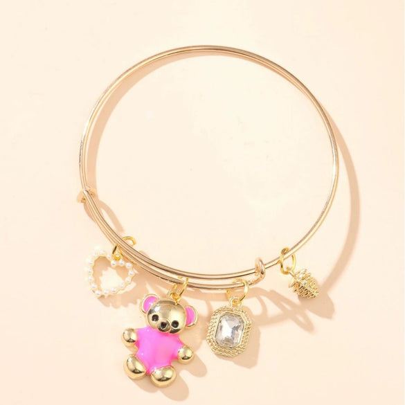 Women's Alloy Bear Bracelet With The Crown Pattern And Microinlay Process In Hot Pink Color