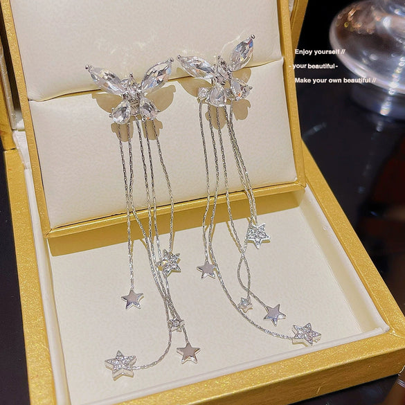Women's Alloy Bow Star Tassel Earrings With Diamond Design