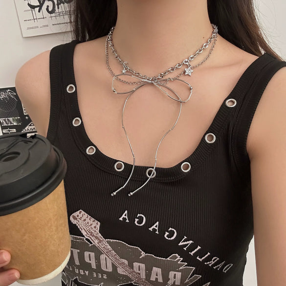 Women's Alloy Bowknot Pendant Necklace With Metal Chain And Irregular Tassel Collarbone Design Sweet And Cool Style