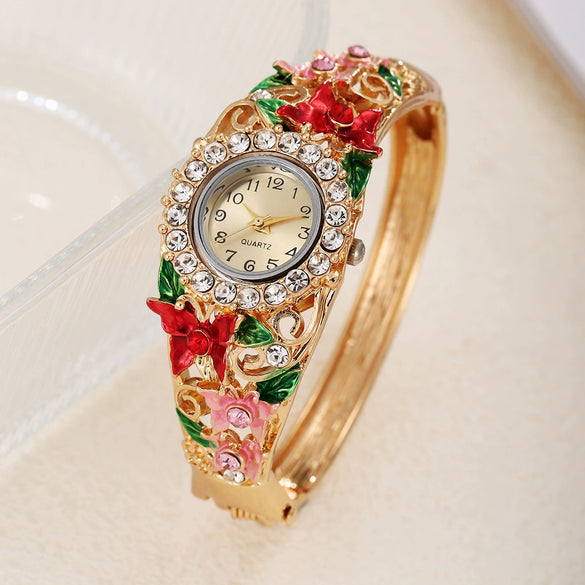 Women's Alloy Bracelet Quartz Watch With Diamonddecorated Butterfly Flower Design And Round Dial