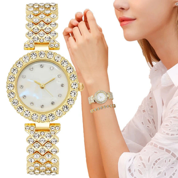 Women's Alloy Bracelet Quartz Watch With Rhinestones Round Dial Casual Style