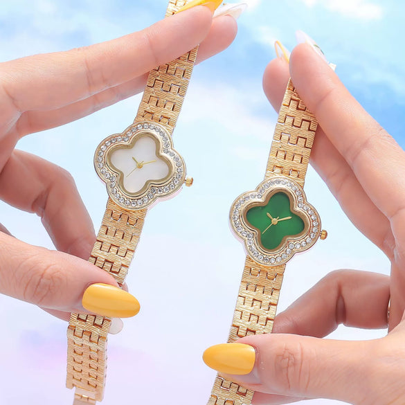 Women's Alloy Bracelet Watch With Rhombus Dial And Four Leaf Clover Design