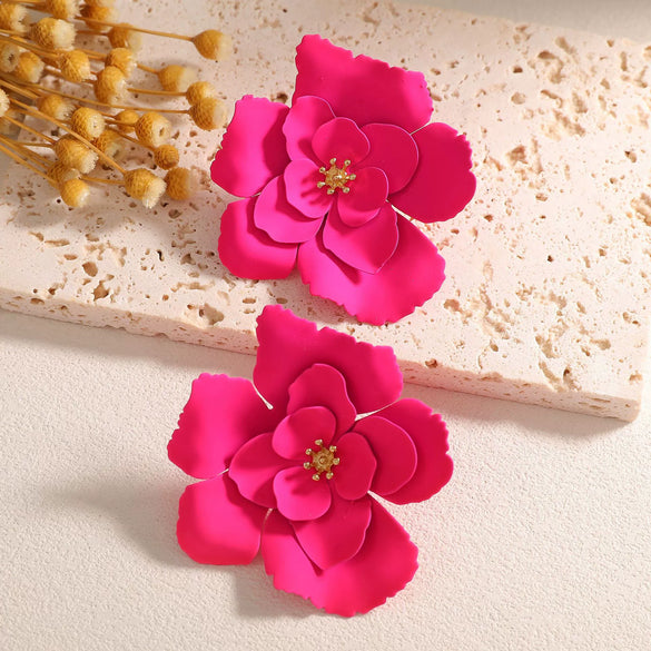 Women’s Alloy Camellia Flower Stud Earrings With Stainless Steel Ear Needles Electroplated Threedimensional Vintage Fashion Design