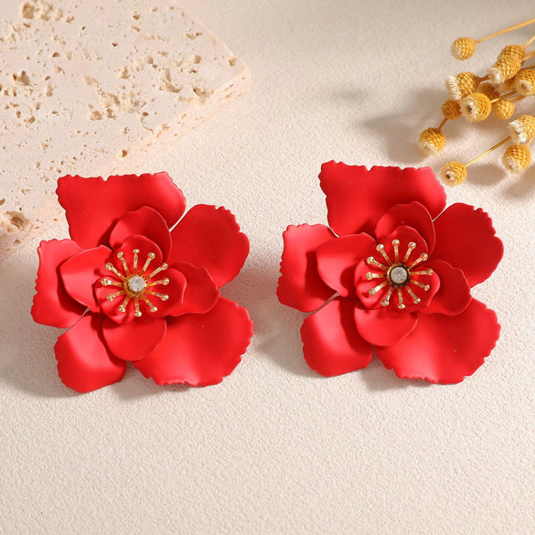 Women’s Alloy Camellia Flower Stud Earrings With Stainless Steel Ear Needles Electroplated Threedimensional Vintage Fashion Design